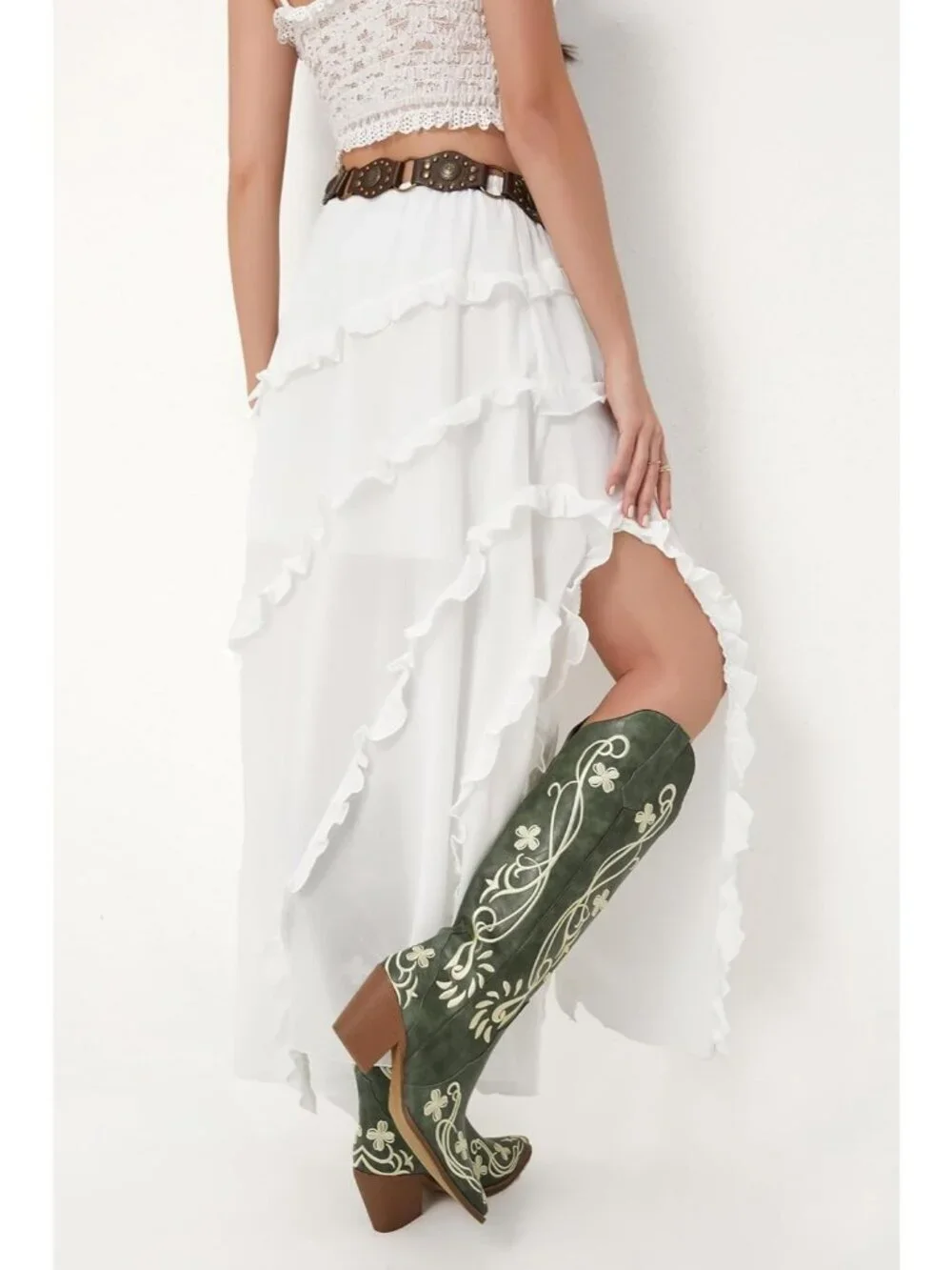 Women's Green Pu Cowgirl High Knee Vintage with Floral Embroidered Footwear - Picture 5 of 6